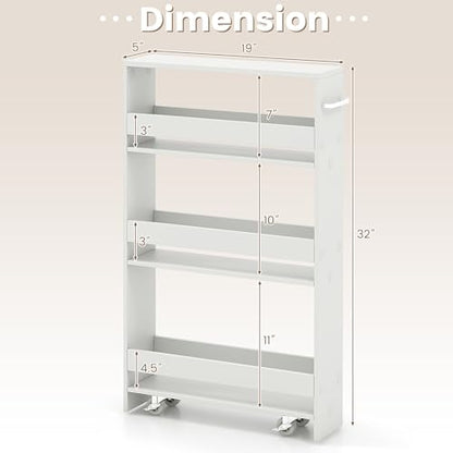 MAT EXPERT Slim Rolling Storage Cart, 4-Tier Freestanding Slim Storage Cart with Wheels 360 Degree & Metal Handle, Wooden Utility Cart for Narrow Kitchen, Laundry Room, Bathroom (Plain White) - color: Plain White