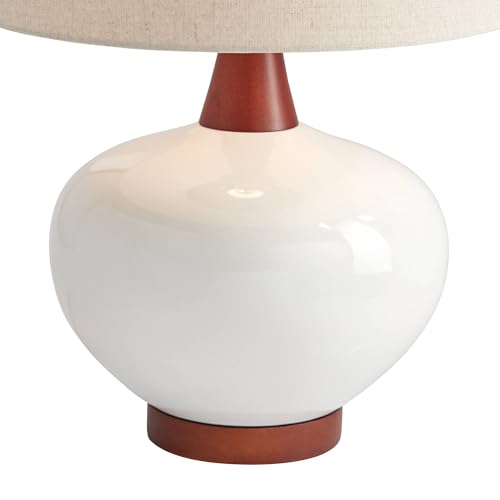 Brice 23" High Table Lamp Ivory Wood Mid-Century Ceramic Mid Century Modern | White Neck Bedroom Living Room House Home Bedside Nightstand Office Family Tapered Drum Shade - color: Wood and White Smooth Ceramic