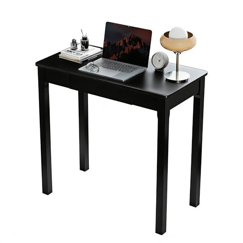 Solid Wood Desk with Drawers - 32 x 16 Inch Simple Narrow Desks, Rubber Wood Study Table, Small Writing Desk for Bedroom|Small Spaces - Modern Black Desks - color: Black, size: 31.5 in W x 15.7 in D