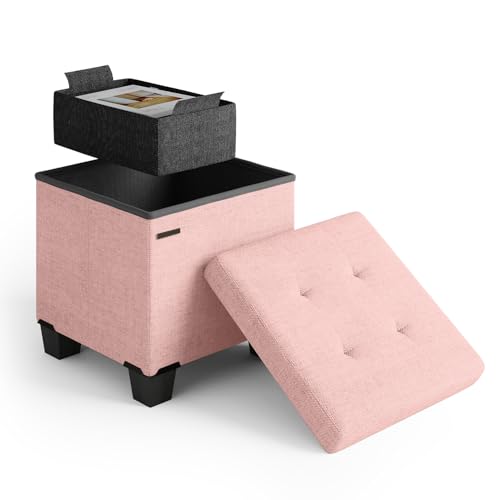 Storage Ottoman Cube with Small Bin, 15-in Square Ottoman with Storage for Living Room and Bedroom, Small Ottomans Foot Rest, Fabric Foot Stools Ottomans Max 330lbs, Pink - color: 10 - Pink