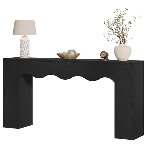 Tribesigns 63" Farmhouse Console Table with Wavy Edge | Wooden Couch Table Behind Sofa with Storage; Long Entryway Sofa Station; Narrow Hallway Stand for Entryway, Living Room - color: Black