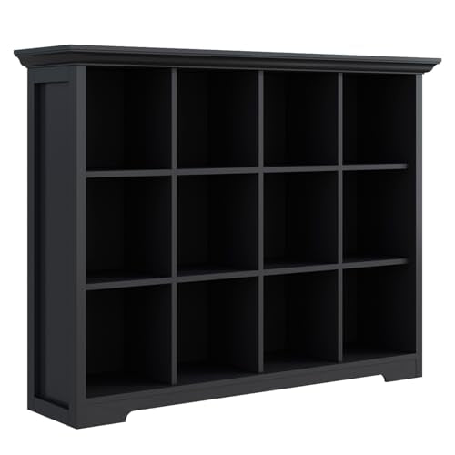 12-Cube Open Bookcase with Base, 3-Tier Wooden Bookshelf, Black | Curved Base, Crown Molding, Fits 11×11" Bins, Modern Storage Cabinet for Living Room, Bedroom, Home Office - color: Black, size: 12-Cube