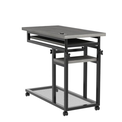 Tribesigns Small Portable Desk with Power Outlet, Height Adjustable Sofa Couch Bedside Laptop Table with Wheels, Mobile Standing Desk Rolling Computer Cart C Side Table with USB Ports - color: Grey