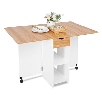 Mondeer Folding Dining Table, Drop Leaf Kitchen Table with 1 Drawer and 2 Open Storage Shelves Small Space Dining Room Kitchen Modern (White & Red Oak) | Storage Drawer and Open Shelves, Rolling Casters, for Small Space Kitchen Flat Dining Room, Red Oak a