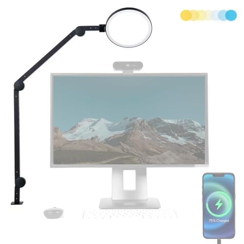 LUME CUBE Edge 2.0 LED Desk Lamp | Dimmable Home Office Desk Light with USB Charging Port & Strong Swing Arm | Adjustable Color Temperature and Brightness | Circle Webcam Light - Black - size: Black - Single