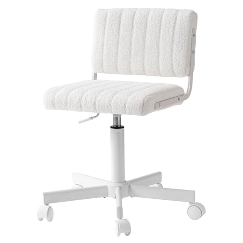 Office Chair Vanity Chair with Wheels | Comfy Desk Chair with Back | Cute Teddy Armless Adjustable Swivel Chair | Small Vanity Stool | for Bedroom Home Computer Task | White - color: White