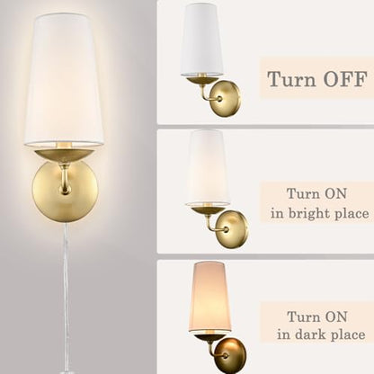 Moose Gold Wall Sconces Set of Two Linen Shade Plug in Wall Lamp | Modern Brass Wall Lighting with Fabric Shade for Bedroom, Living Room, Dining Room, Entryway - color: Gold, size: 2-Pack | 1-Light