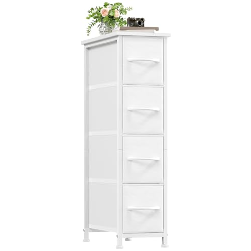 Somdot Narrow Dresser for Bedroom, 4 Drawer Storage Cabinet, White | Storage Organizer with Fabric Bins, Storage Organizer Unit, Wood Top, Sturdy Steel Frame, Chest of Drawer for Closet, Hallway - color: White, size: 18.9"D x 7.9"W x 29.5"H (4 Drawers)