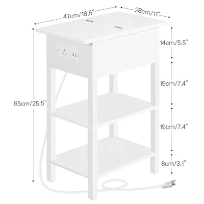 HOOBRO End Table with Charging Station, Flip Top Side Table with USB Ports, Narrow Nightstand Bedside Tables with Storage Shelves, for Small Space, Living Room, White WT141UBZ01 - color: White