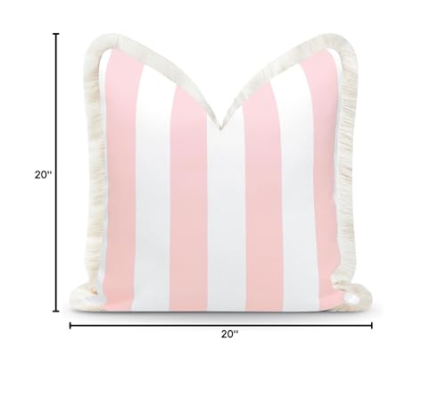 Hofdeco Premium Coastal Patio Indoor Outdoor Pillow Cover Only, 20"x20" Water Repellent for Backyard, Couch, Blush Pink Stripe Fringe - color: Blush Pink Stripe 20"x20"