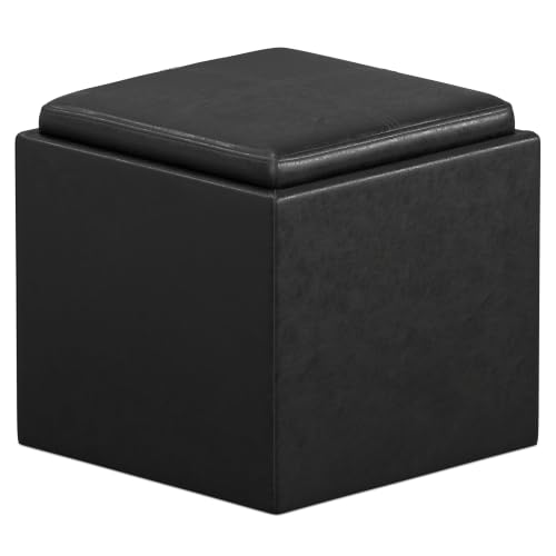 SIMPLIHOME Rockwood 17" Wide Vegan Leather Storage Ottoman in Grey | Distressed black, contemporary ottoman with flip-over tray top and hidden storage; cube storage bench for living room. - color: Distressed Black