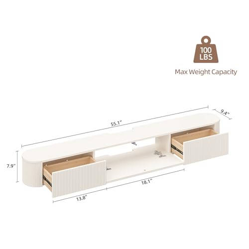 Floating TV Stand with Drawers 55'',Wall Mount TV Stand,Floating Entertainment Center Shelf for Bedroom Living Room Under TV,Fully Assembled,Off-White - color: Milky White, size: 55IN