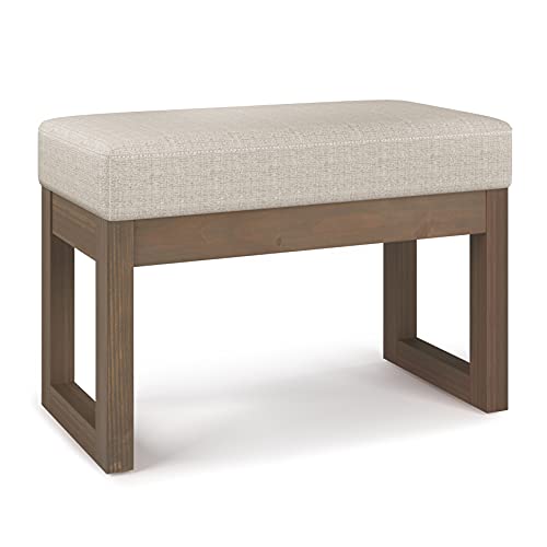 SIMPLIHOME Milltown 27" Wide Tweed Look Fabric Ottoman in Platinum | Contemporary ottoman with a cushioned seat for extra seating in the bedroom or entryway; rectangle footstool or footrest. - color: Platinum, style: Small Ottoman Bench