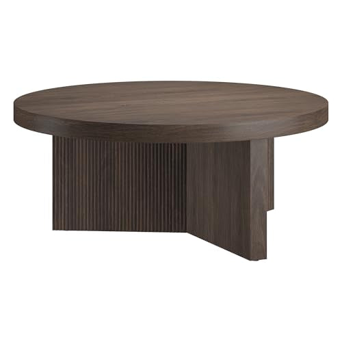 Henn&Hart 36" Scandinavian Fluted Coffee Table, Rich Brown | Ribbed pedestal base and low profile bring Scandinavian style to small spaces including living rooms or family rooms - color: Rich Brown, size: 36 inches