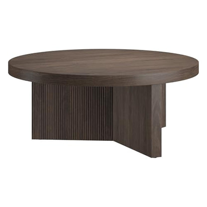 Henn&Hart 36" Scandinavian Fluted Coffee Table, Rich Brown | Ribbed pedestal base and low profile bring Scandinavian style to small spaces including living rooms or family rooms - color: Rich Brown, size: 36 inches