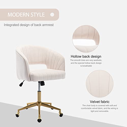 Velvet Office Desk Chair, Upholstered Home Office Desk Chairs with Adjustable Swivel Wheels, Ergonomic Office Chair for Living Room, Bedroom, Office, Vanity Study (Beige) - color: Beige