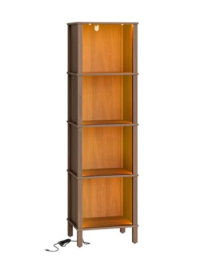 Book Shelf with LED Lights, Modern 4-Tier Bookcase, Open Storage Bookshelf, 11 × 14.2 × 50.4 Inches, Small Narrow Bookshelves for Living Room, Home Office, Bedroom, Walnut - color: Walnut