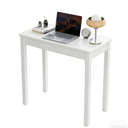 Solid Wood Desk with Drawers - 32 x 16 Inch Simple Narrow Desks, Rubber Wood Study Table, Small Writing Desk for Bedroom|Small Spaces - Modern White Desks - color: White, size: 31.5 in W x 15.7 in D