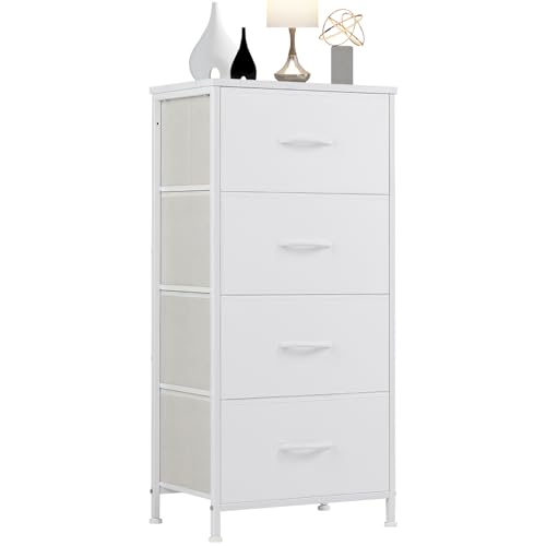 DUMOS Nightstand, Bedside Table with 4 Fabric Drawers | Night Stand with Removable Bins, Steel Frame Wood Top, Organizer Furniture for Bedroom Closet, Living Room, Chalky - color: Chalky, size: 11.8"D x 17.7"W x 37.4"H (4 Drawers)