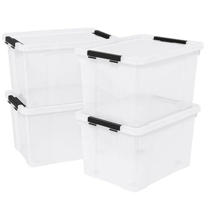 50 Quart Large Storage Box, Clear Storage Bin with Wheels, 4-Pack | Large Capacity, Transparent Clear Plastic, Secure Black Side Latches, Built-In Rolling Wheels - size: 50 quart