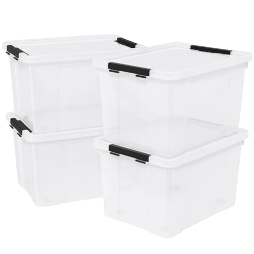 50 Quart Large Storage Box, Clear Storage Bin with Wheels, 4-Pack | Large Capacity, Transparent Clear Plastic, Secure Black Side Latches, Built-In Rolling Wheels - size: 50 quart
