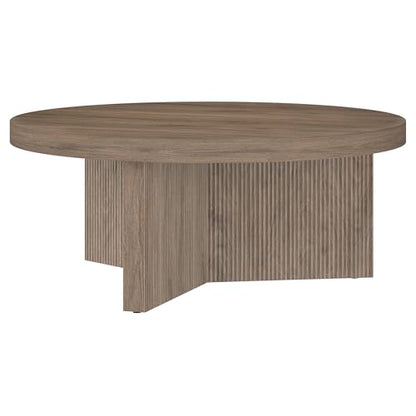 Henn&Hart 36" Scandinavian Fluted Coffee Table, Weathered Gray | Ribbed pedestal base and low profile bring Scandinavian style to small spaces including living rooms or family rooms - color: Weathered Gray, size: 36 inches