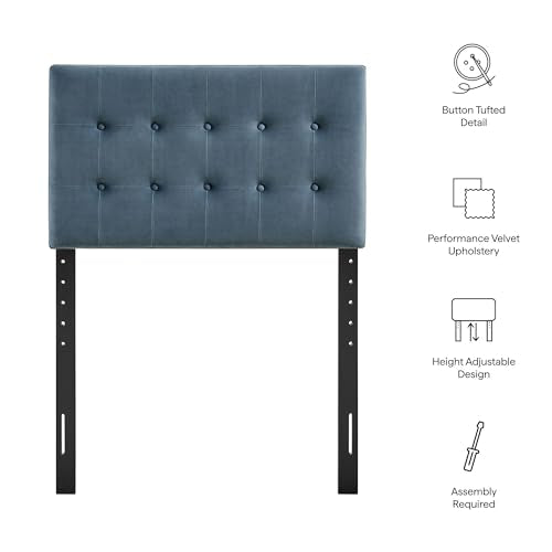 Modway Emily Twin Size Performance Velvet Headboard in Cadet Blue - Stain-Resistant Velvet Upholstery with Button Tufting and 7 Adjustable Height Positions - color: Cadet Blue, size: Twin