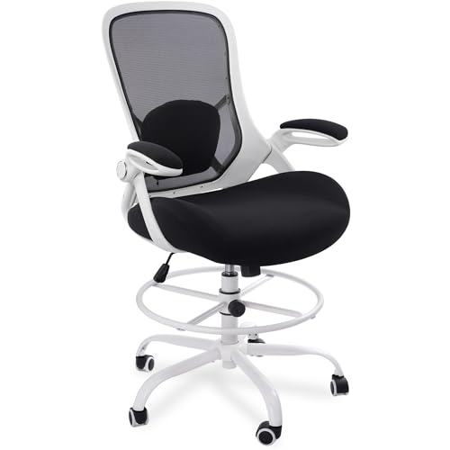 400lbs Heavy Duty Drafting Chair 5" Thickened Seat Office Chair with Flip-Up Armrests Tall Ergonomic Computer Chair with Lumbar Support and Adjustable Footrest Ring Standing Desk Chair (Black) - color: Black&white
