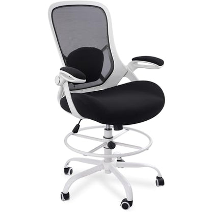 400lbs Heavy Duty Drafting Chair 5" Thickened Seat Office Chair with Flip-Up Armrests Tall Ergonomic Computer Chair with Lumbar Support and Adjustable Footrest Ring Standing Desk Chair (Black) - color: Black&white