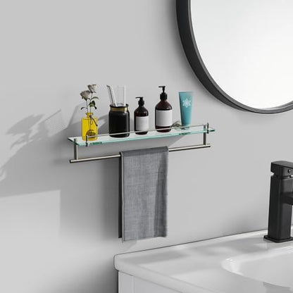 24-Inch Tempered Glass Bathroom Shelf with Towel Bar - Brushed Nickel Towel Holder Modern SUS304 Stainless Steel, Wall Mount Towel Hanger - color: Brushed Nickel, size: 24-inch with Railing