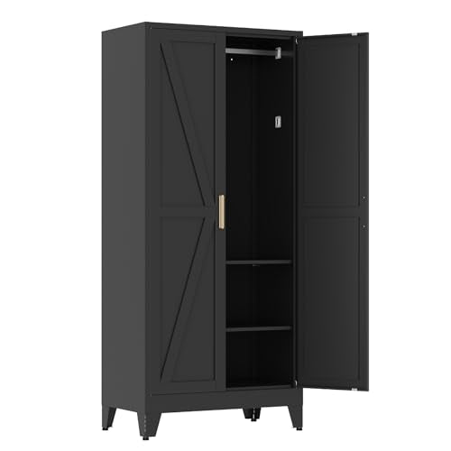 71" Tall Metal Armoire Wardrobe Closet,17.7" Deep By 31.5" Wide Portable Closet for Hanging Clothes,Wardrobe Cabinet with Adjustable Shelves for Bedroom Office Laundry Room,Black 1 Pack - color: Black, size: 17.7"D x 31.5"W x 71"H-2