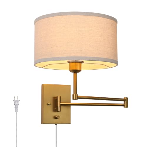 Vintage Linen Textile Fabric Plug-in Cord Sconce Wall Lighting | Swing Arm, Adjustable, with on/Off Switch, Brass Gold Wall Mounted Lamp, Reading Light Fixture for Bedoom, Indoor Home Decor