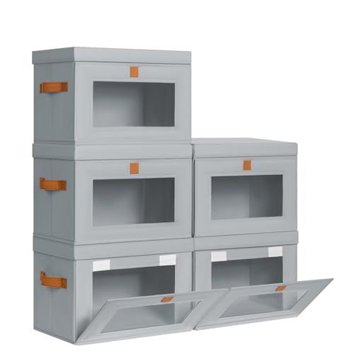 DIMJ Storage Bins with Lids - 5 Pack Front Opening Stackable Fabric Storage Boxes with Clear Window & Handles, Collapsible Closet Organizers for Clothes, Sweaters, Shelf Storage, Bedroom, Gray - color: Gray, size: Large-5 Pack