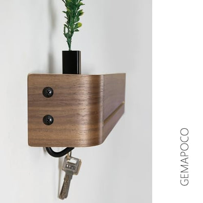 Key Holder Wall Mount with Shelf | 17 inch | Walnut | 5 Retractable Hooks | Modern Wall Key Hooks | Minimalist | Space-Saving | Wooden Key Rack for Entryway & Hallway - color: Walnut