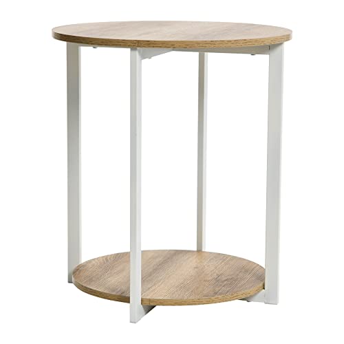 Household Essentials Jamestown Round Side End Table with Storage Shelf, Coastal Oak Rustic Wood Grain and White Metal Frame - color: Coastal Oak