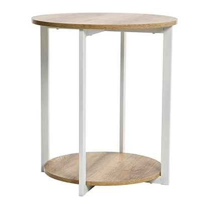 Household Essentials Jamestown Round Side End Table with Storage Shelf, Coastal Oak Rustic Wood Grain and White Metal Frame - color: Coastal Oak