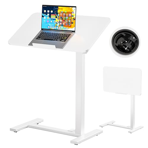 BIZUM Mobile Standing Desk Laptop Desk Pneumatic with Wheels 180° Tilt Top Hospital Bed Table Portable Rolling Cart Foldable Bedside Table for Hospital&Home Use, White - color: White