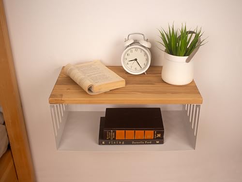 Floating Nightstand with White Metal Base, Wooden Top and Sturdy Metal Base, Minimalist Bedside Table, Wall Mounted Shelf, Bedside Shelf (Madrid) - color: Madrid