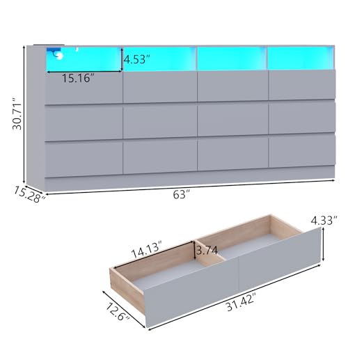 Gyfimoie 12-Compartment Divided Drawer Dresser w/Power Outlet, LED Light | Modern Dresser with 4 Open Cubbies, Spacious Chest of Drawers, and TV Stand Function for Living Room - color: Grey, size: 15.8"D x 63"W x 31.5"H (12 Drawers)