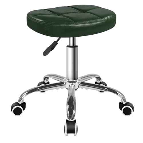 BFTOU 6-Square Lattice PU Swivel Stool with Wheel for Work SPA Shop Massage Height-Adjustable Rolling Stool Chair (Green) - color: Green