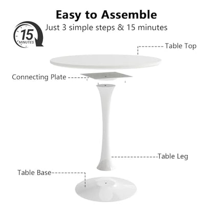 27.5" White Round Small Dining Table with MDF Top & Metal Pedestal Base | Fully Eco-Friendly Painted, Smooth Waterproof Surface, Modern Accent Table for Cafe & Home