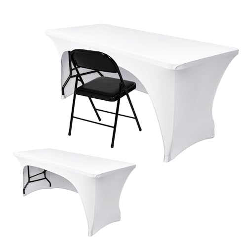 Nasitos 2 Pack White 6 ft Table Cloth Fitted-Open Back Spandex Table Covers Fabric Washable and Wrinkle Resistant Stretch Tablecloth for Parties, Wedding, Banquet, Jewelry Trade Show, Craft Fair - color: White, size: 6FT