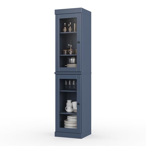 Solid Wood Kitchen Pantry Cabinet w/Glass Doors - Narrow Storage Cabinet - 16.5" Wide x 71.5" Tall - Antique Blue, Adjustable Shelves, 100% Eco-Friendly Wood, Modular Cabinets - color: Antique Blue, style: Clear Glass Doors