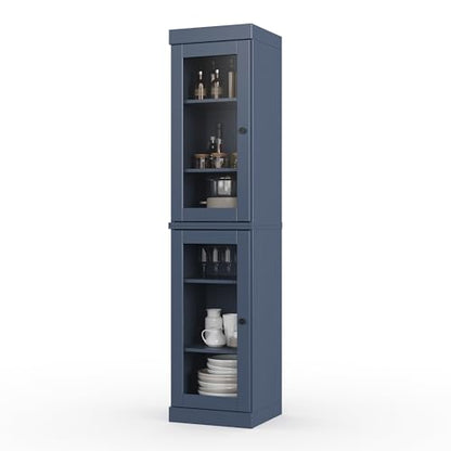 Solid Wood Kitchen Pantry Cabinet w/Glass Doors - Narrow Storage Cabinet - 16.5" Wide x 71.5" Tall - Antique Blue, Adjustable Shelves, 100% Eco-Friendly Wood, Modular Cabinets - color: Antique Blue, style: Clear Glass Doors