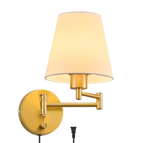 VONLUCE Wall Lamp, Plug in & Swing Arm Wall Sconce, Gold Finish | Modern Wall Lights with White Fabric Shades, Plug in & Hardwired Wall Mounted Light for Bedside, Living Room, Hallway - color: Gold, size: 1 Pack
