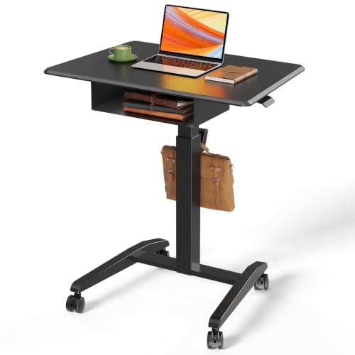 JOY worker Rolling Laptop Desk with Drawer, 31.5" Black Mobile Staning Desk | Pneumatic Height Adjustable, Open Storage Shelf, Lockable Casters, Portable Sit Stand Desk, Home Office Teacher, Holds 22lbs - color: Black, size: 31.5 Inch