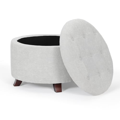 Athena Collection 24.5 Inch Small Ottoman with Storage, Round Linen Fabric Storage Ottoman Foot Rest with Removable Lid, Multipurpose Footstool Footrest for Livingroom, Bedroom, Dorm, Grey - color: Grey, size: 24.5"D x 24.5"W x 17"H