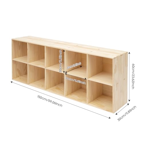 10 Cube Solid Wood Bookcase, Open Bookshelf with Back Panel, Floor Standing Storage Organizer, Vertical or Horizontal for Living Room Office - size: 10-Cube