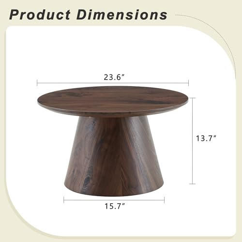 Walnut Coffee Table, 23.6" Small Coffee Table, Natural Wood Grain Round Tabletop with Wooden Cone Base, Round Living Room Table with Adjustable Feet, Mid Century Center Table for Apartment,Small Space - color: 23.6" Walnut Coffee Table