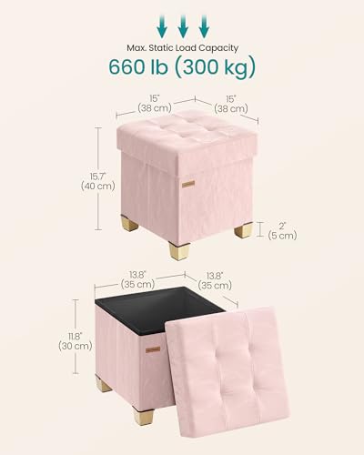SONGMICS Storage Ottoman, Textured PU Leather Footstool with Legs, Footrest with Cushion, for Living Room and Bedroom, 15 x 15 x 15.7 Inches, Pink, Minota Collection ULSF523SA01 - color: Pink (With Legs)